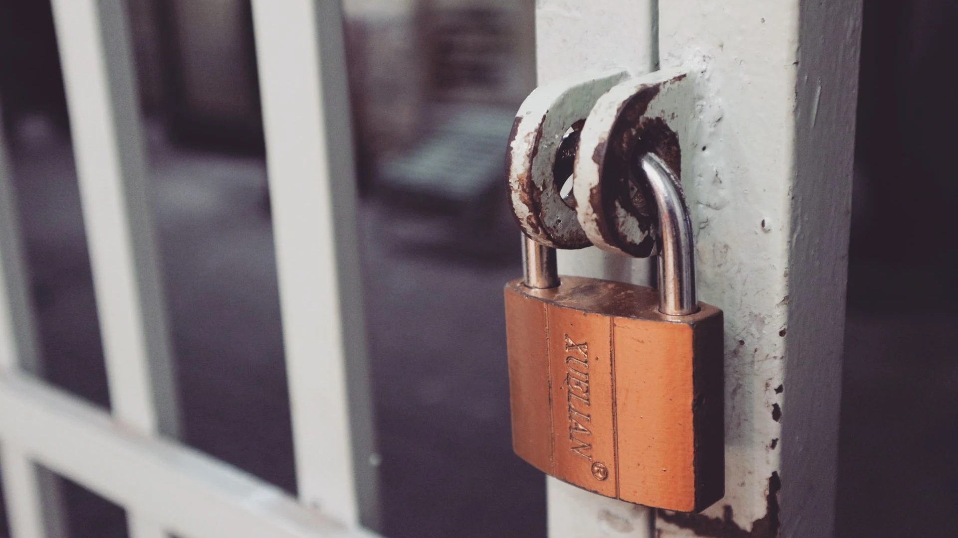 Brass padlock securing a white gate