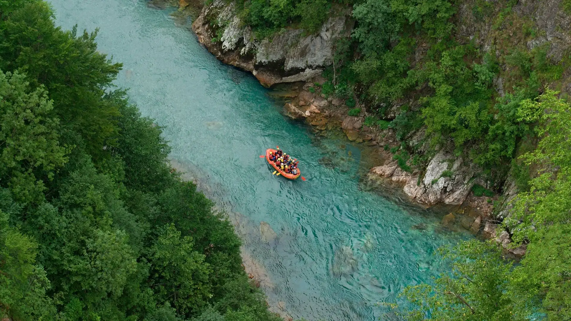 Aerial raft crew paddling in unison