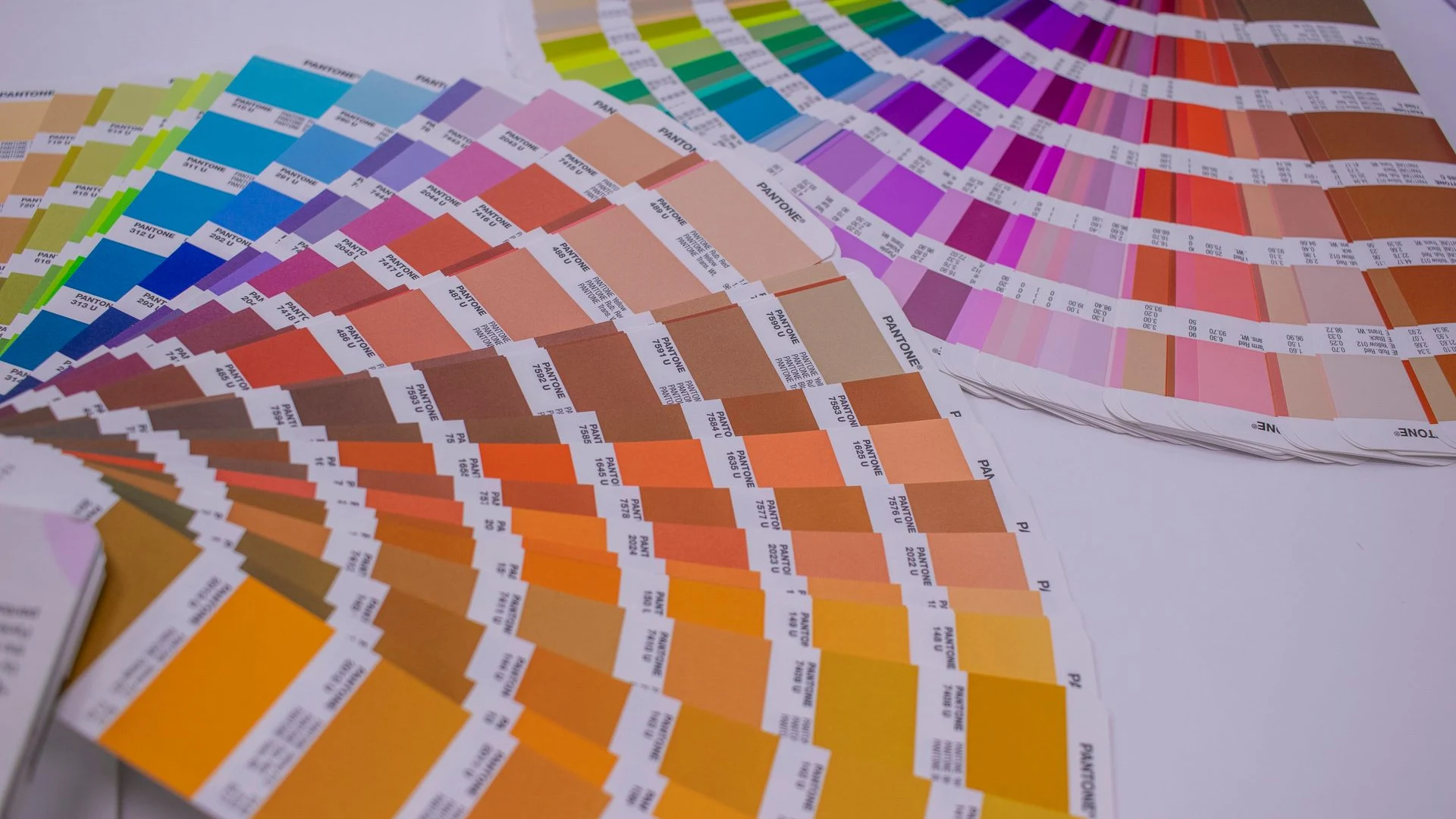 Spread of colourful Pantone swatch fans