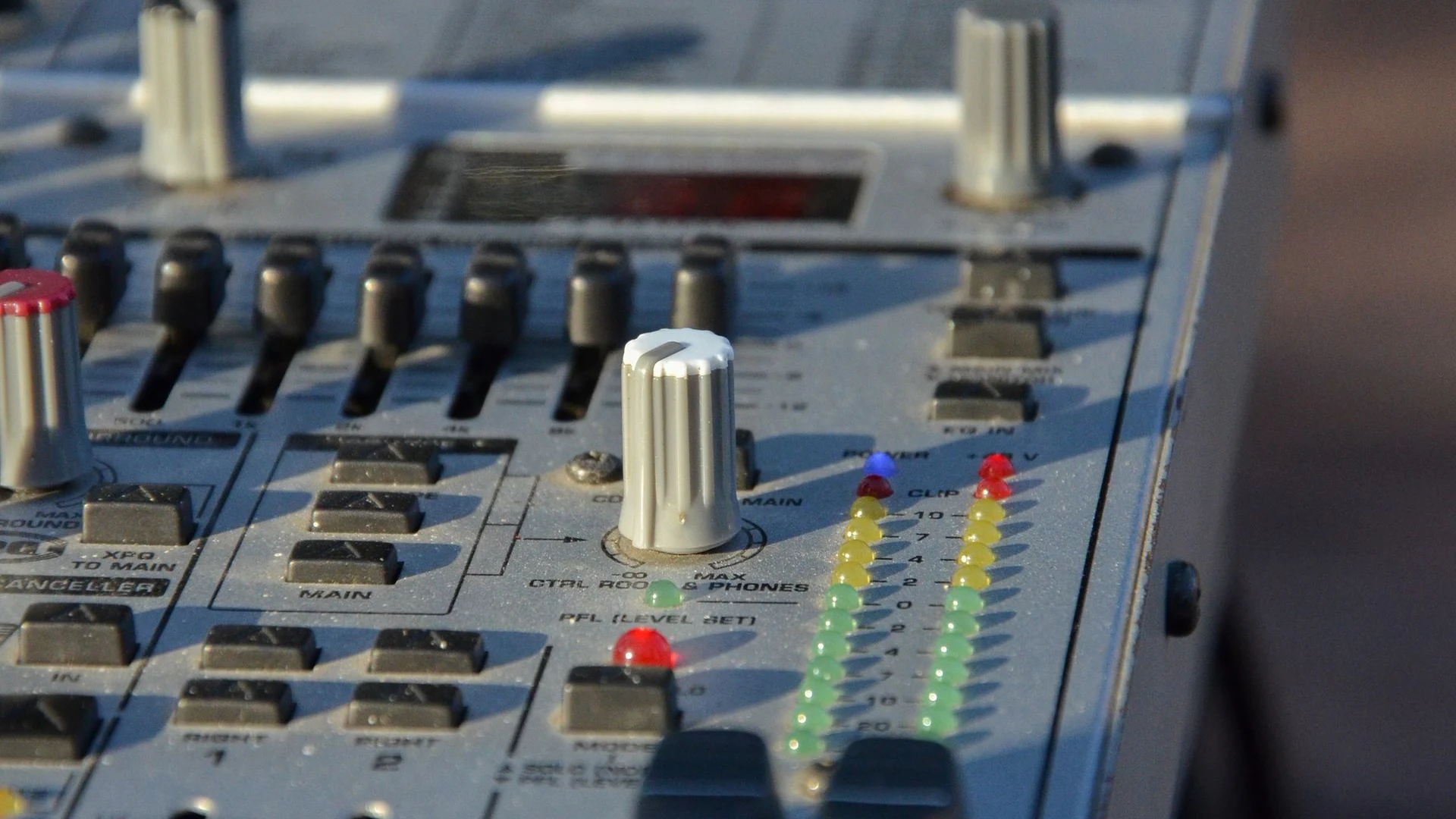 Close-up of audio mixing console faders