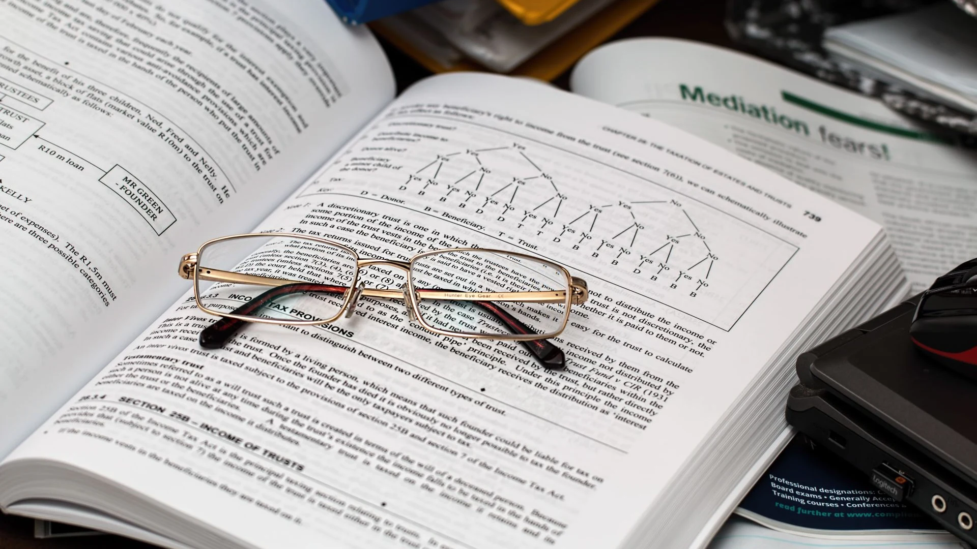 Reading glasses resting on an open book