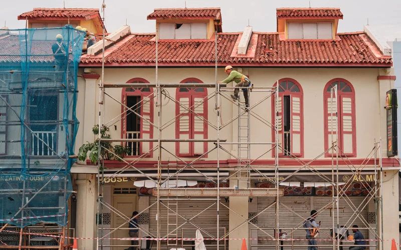 Heritage facade wrapped in scaffolding